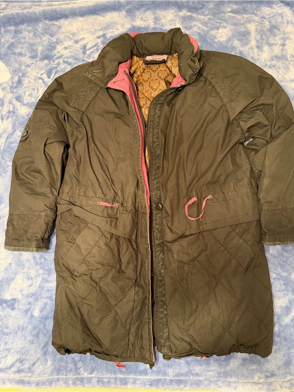 Vintage Black Quilted Parka with Pink Trim